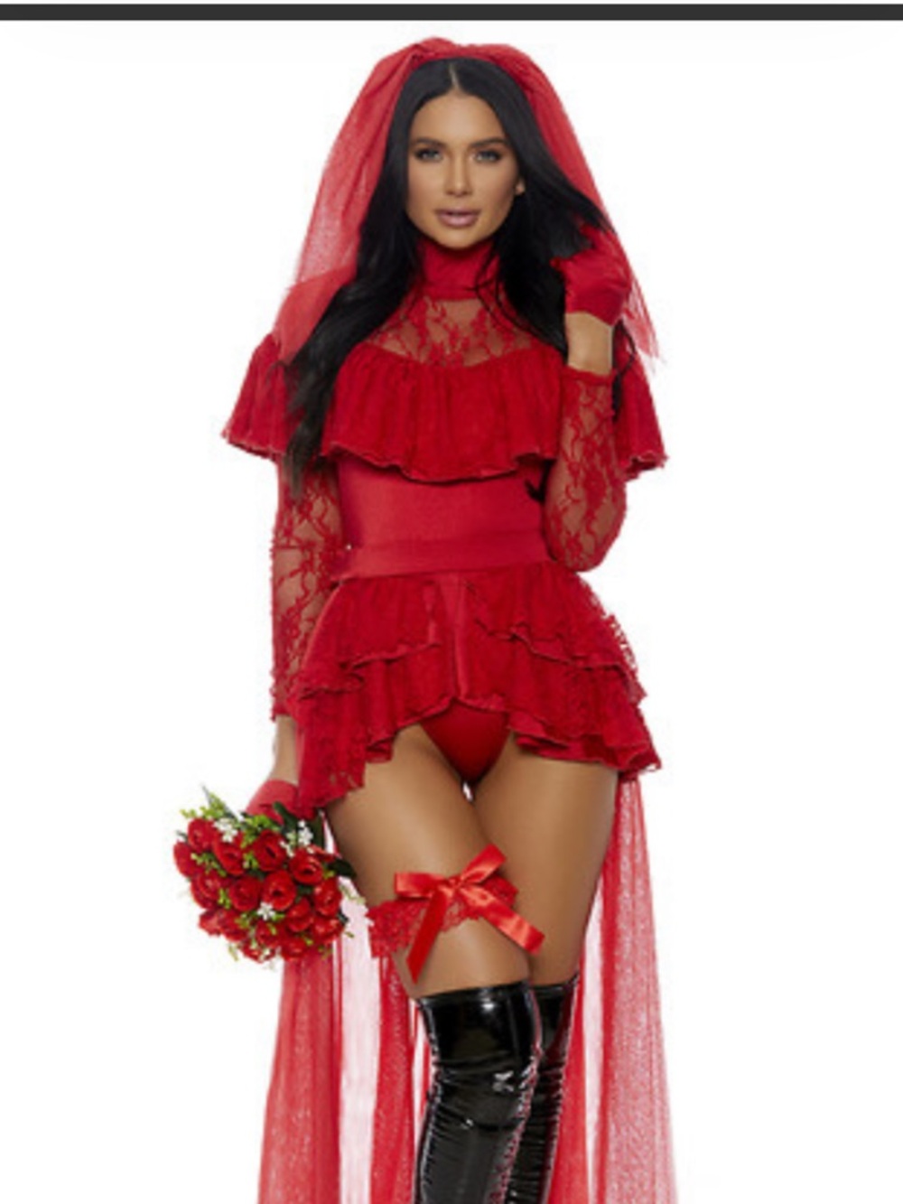 Sexy costume bride Red Lace Ruffle Bridal Bodysuit with Veil